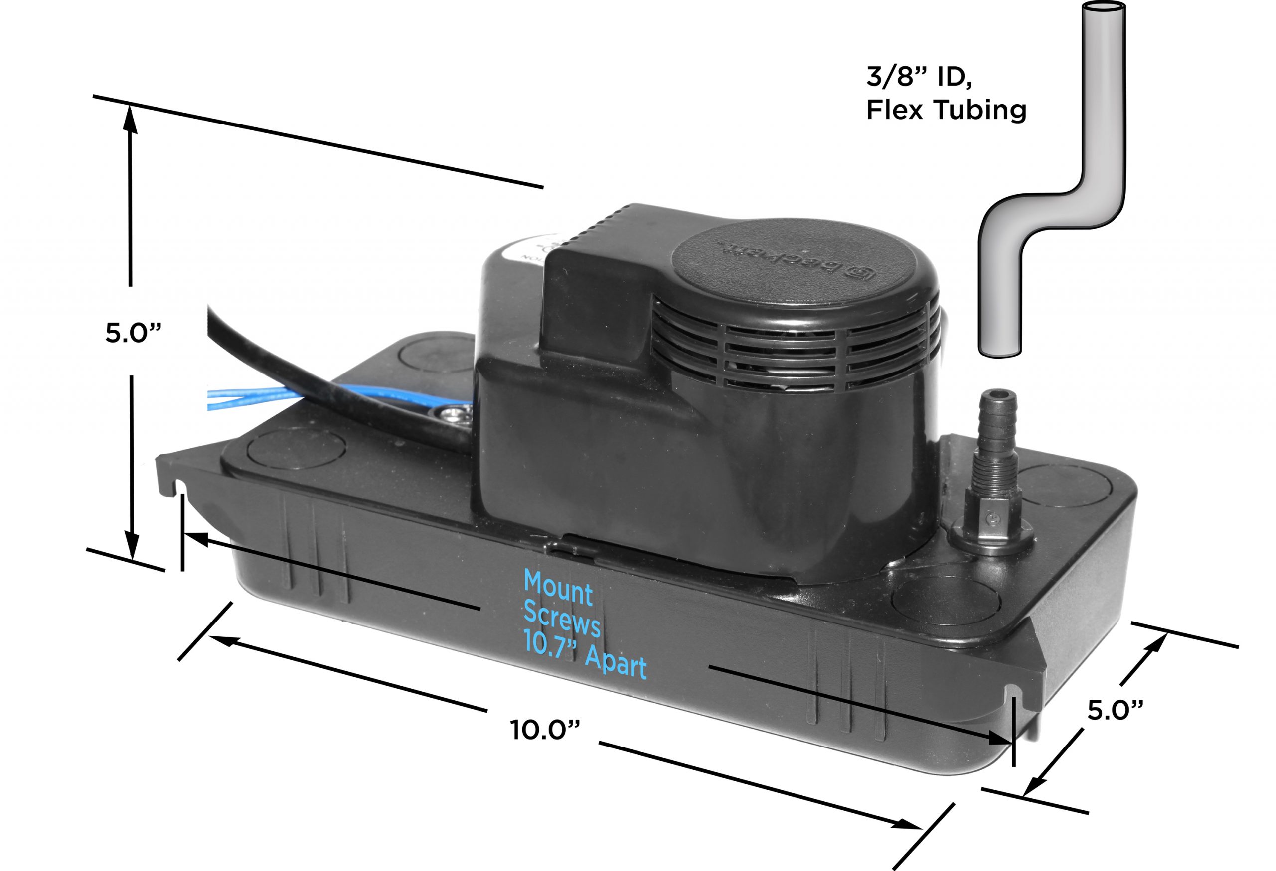 1/50 HP, 115V Beckett Pumps Medium Condensate Pump w/Safety Switch 17 Ft Shutoff & 20 Ft 3/8 ID PVC Tubing 