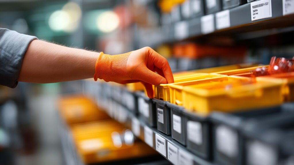 Gloved hand selecting part from small bins wall labels readable rest defocused kitting inventory organization Kanban parts picking lean operations with copy space Replacement parts